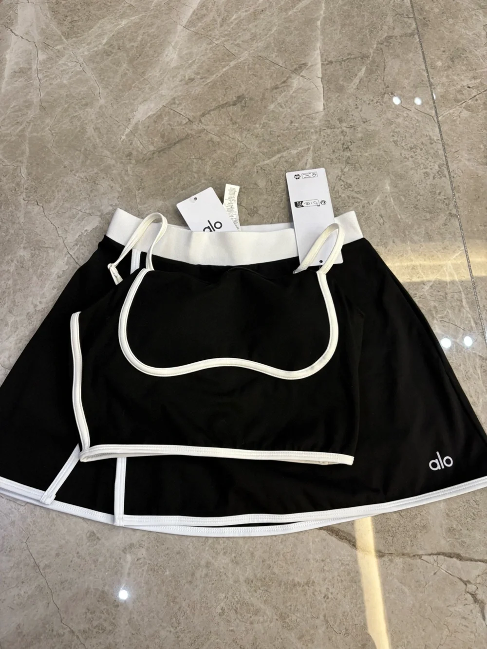 ALO Yoga Black and White Backless Crop Top and Skirt Set - Picture 4 of 5